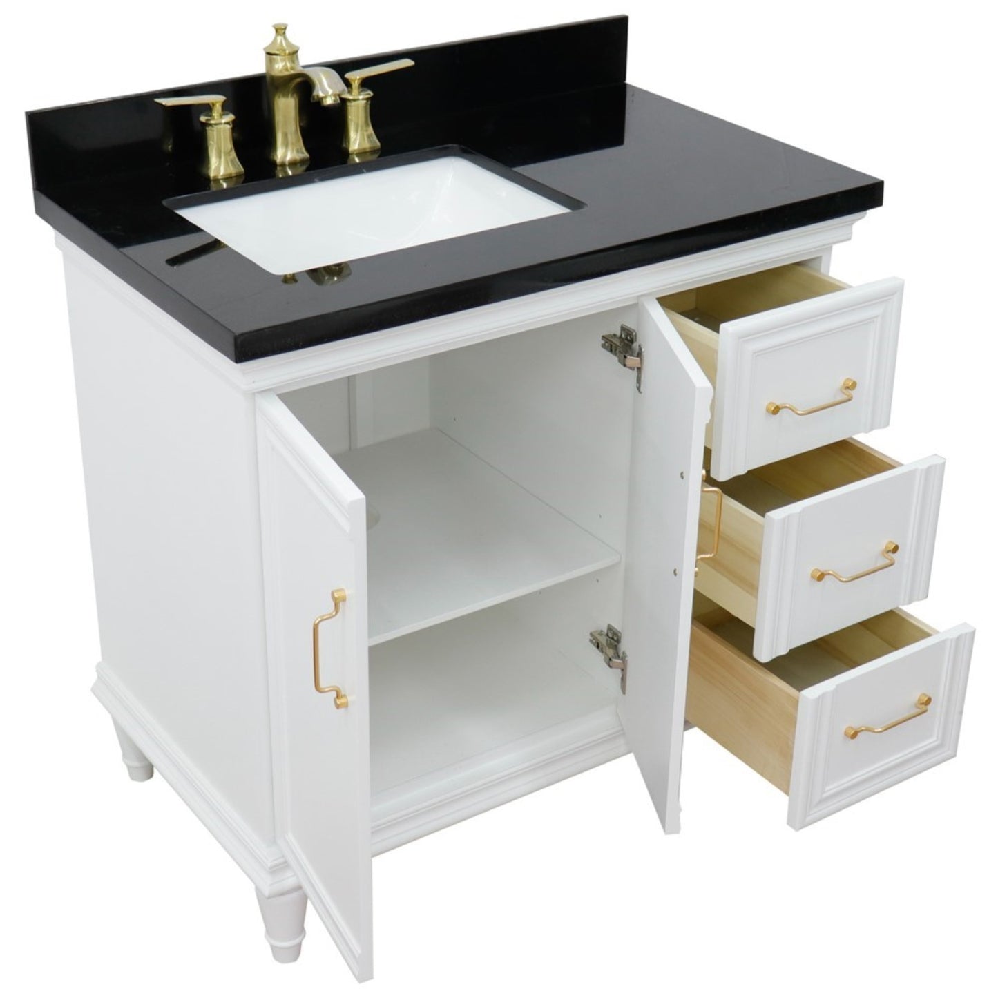 37" Single vanity in White finish with Black galaxy and rectangle sink Left door/Left sink