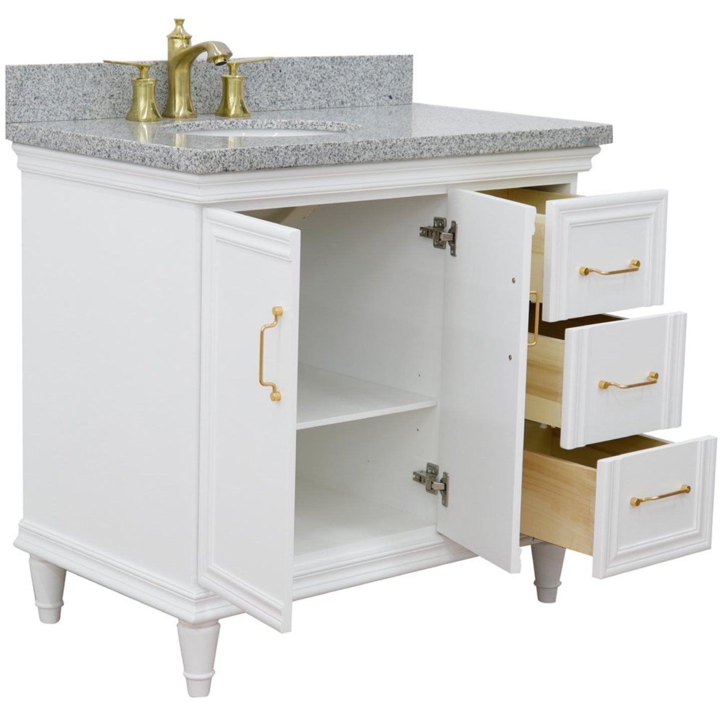37" Single vanity in White finish with Gray granite and oval sink Left door/Left sink