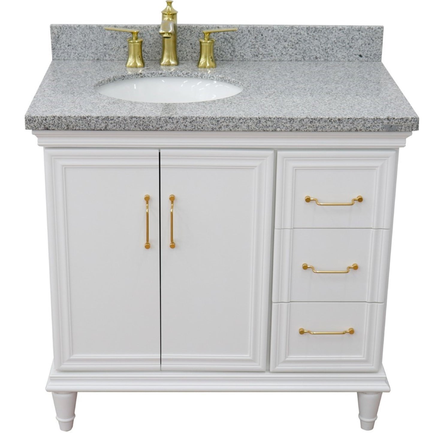 37" Single vanity in White finish with Gray granite and oval sink Left door/Left sink