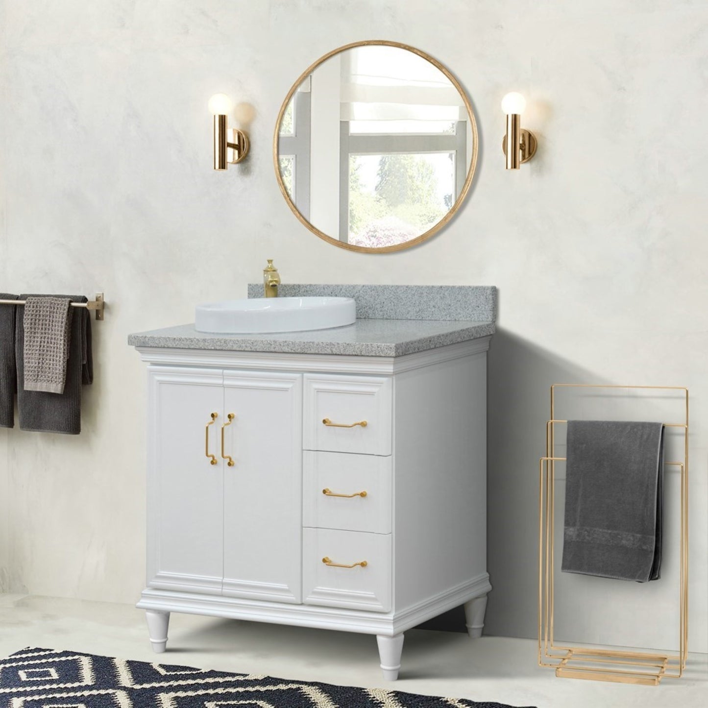 37" Single vanity in White finish with Gray granite and round sink Left door/Left sink