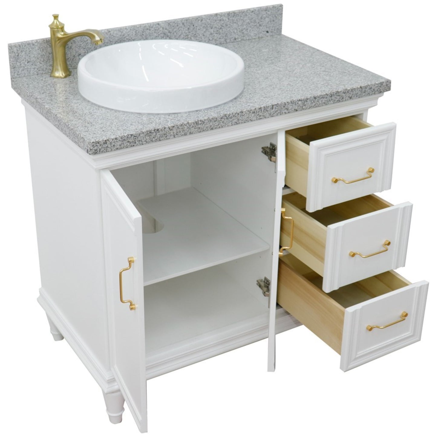37" Single vanity in White finish with Gray granite and round sink Left door/Left sink