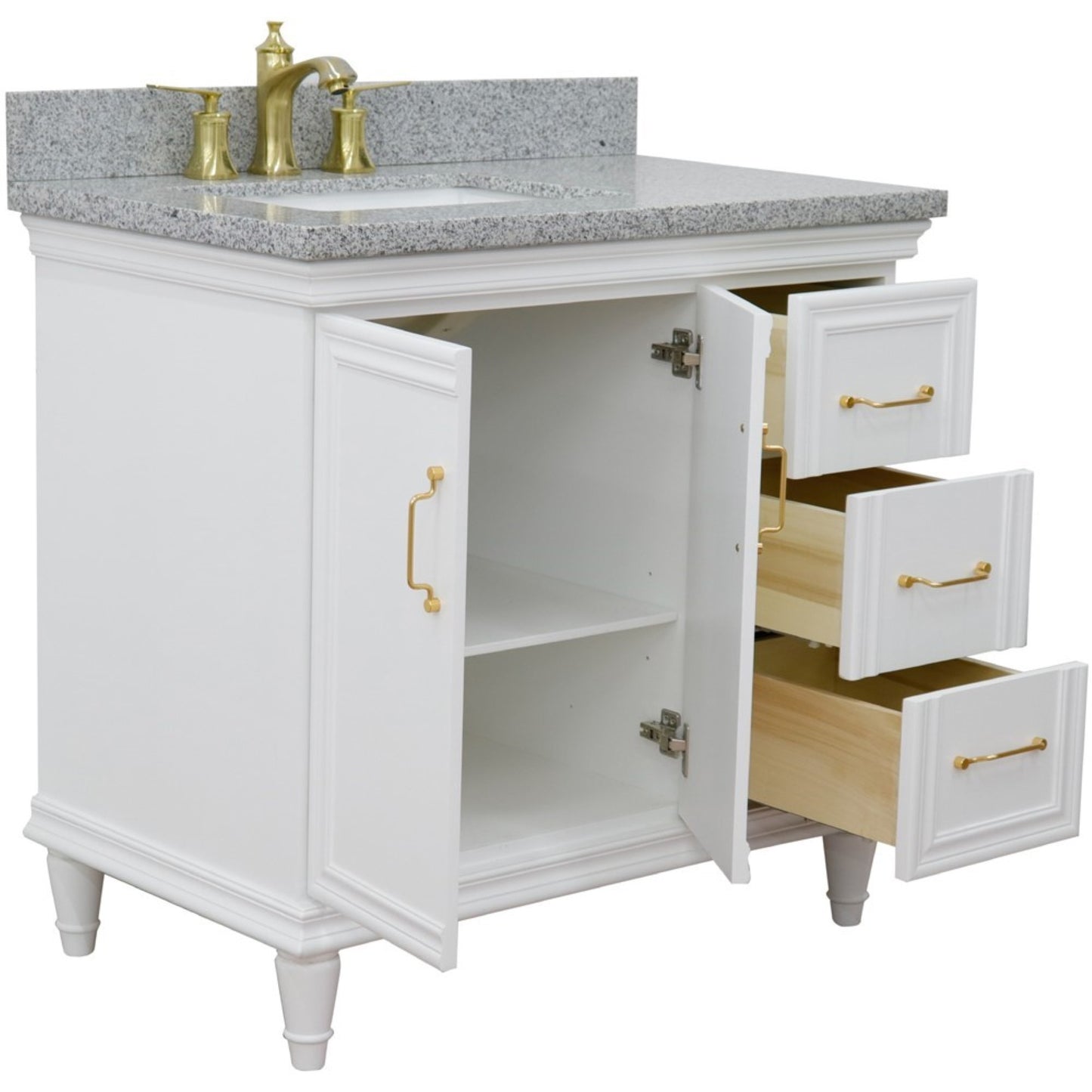 37" Single vanity in White finish with Gray granite and rectangle sink Left door/Left sink