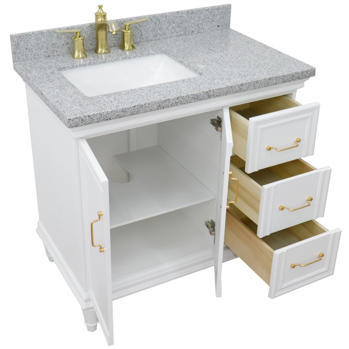 37" Single vanity in White finish with Gray granite and rectangle sink Left door/Left sink