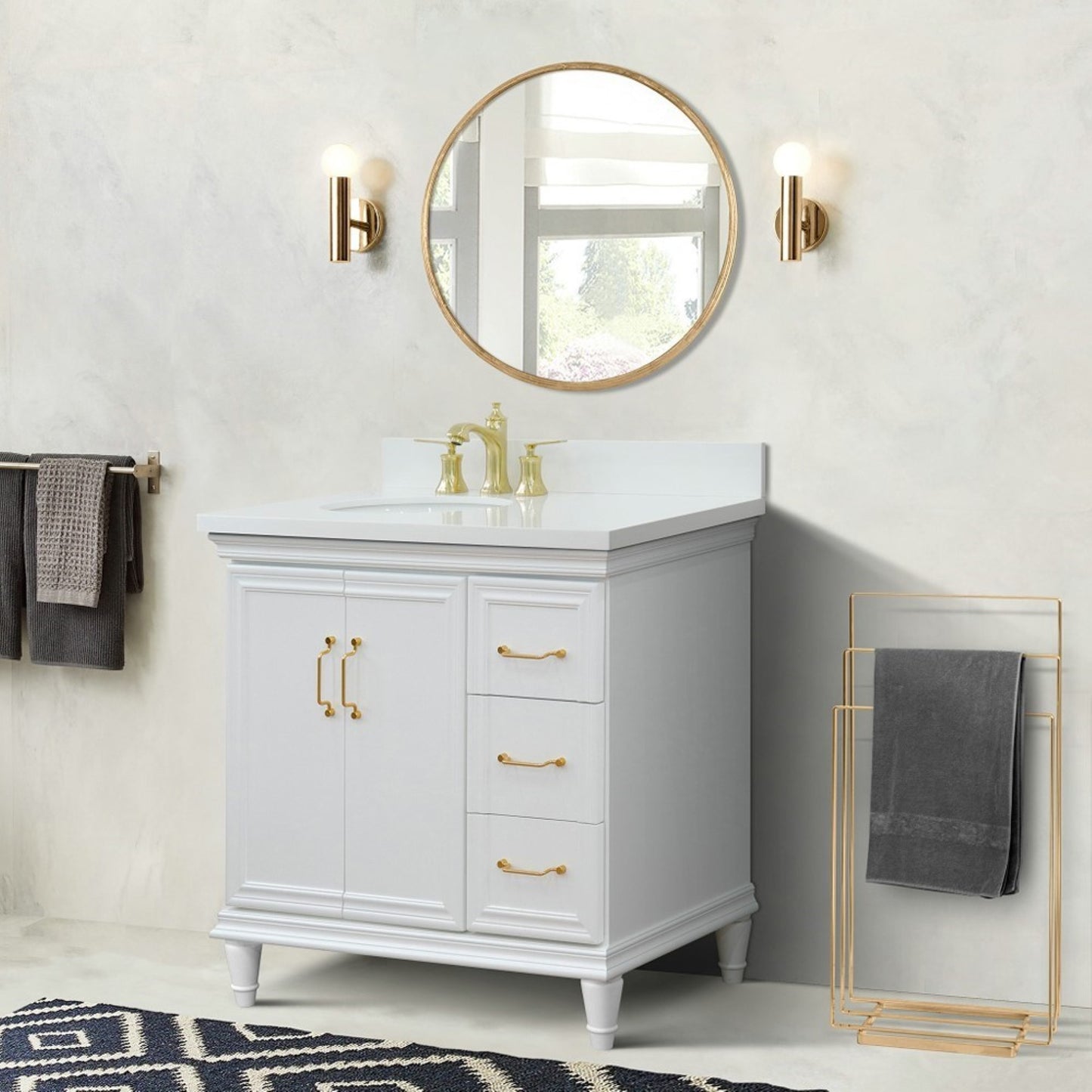 37" Single vanity in White finish with White engineered stone and oval sink Left door/Left sink
