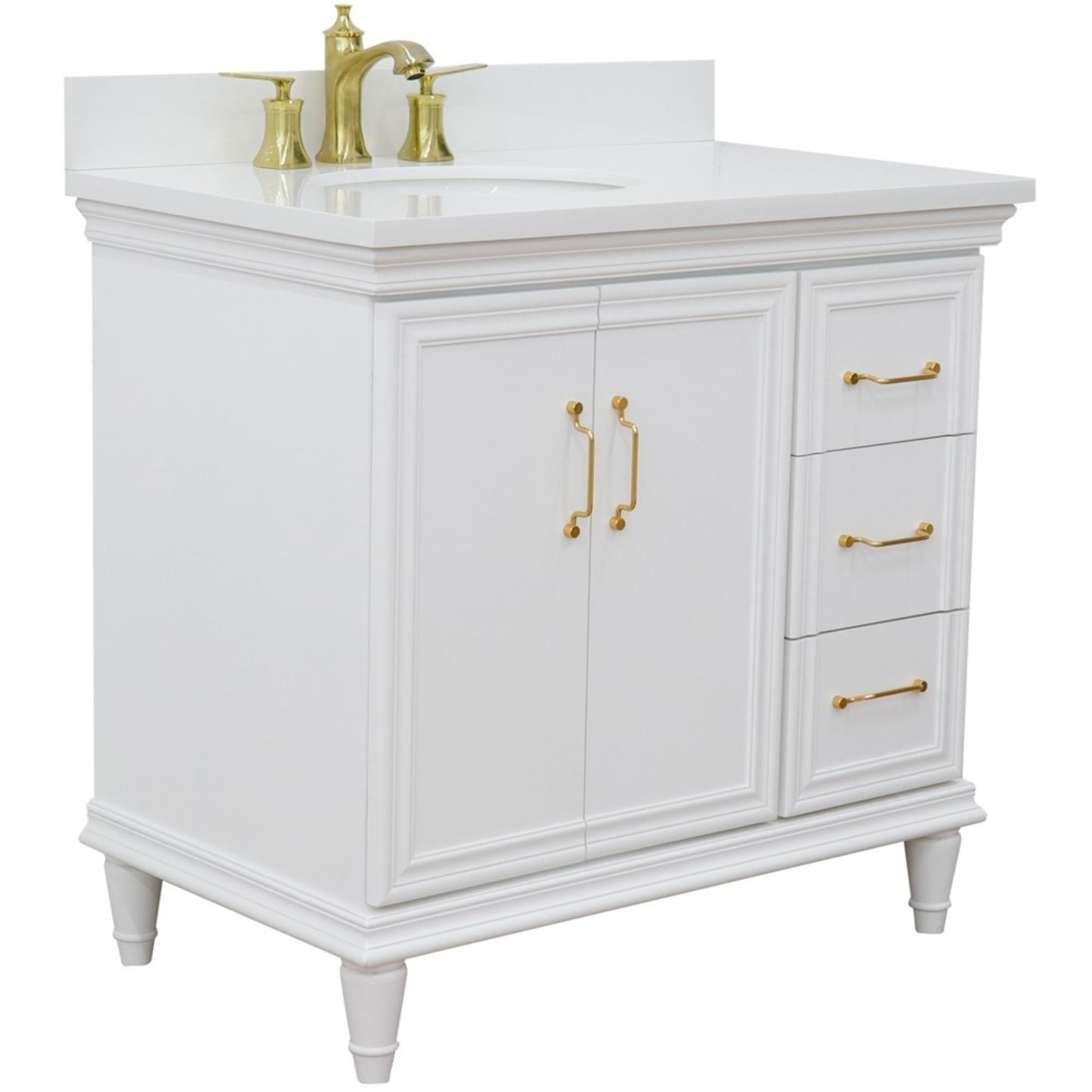 37" Single vanity in White finish with White engineered stone and oval sink Left door/Left sink