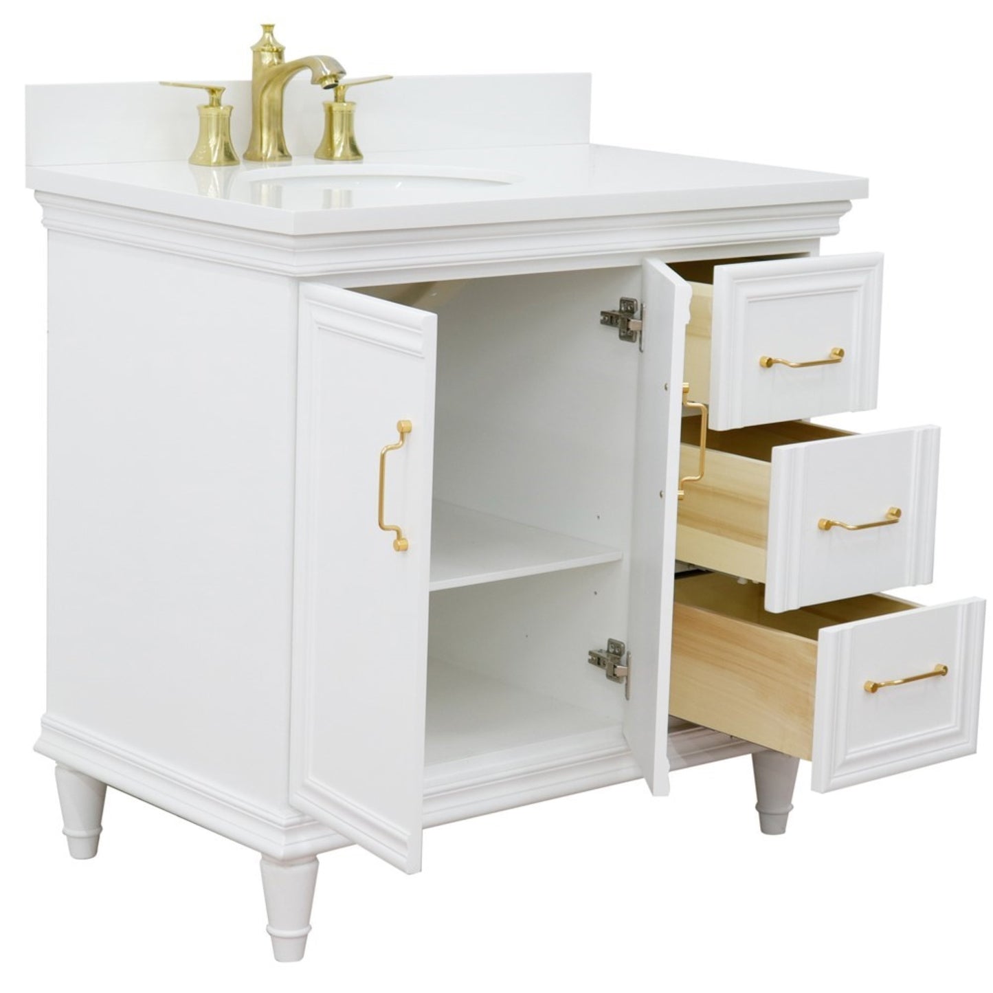 37" Single vanity in White finish with White engineered stone and oval sink Left door/Left sink