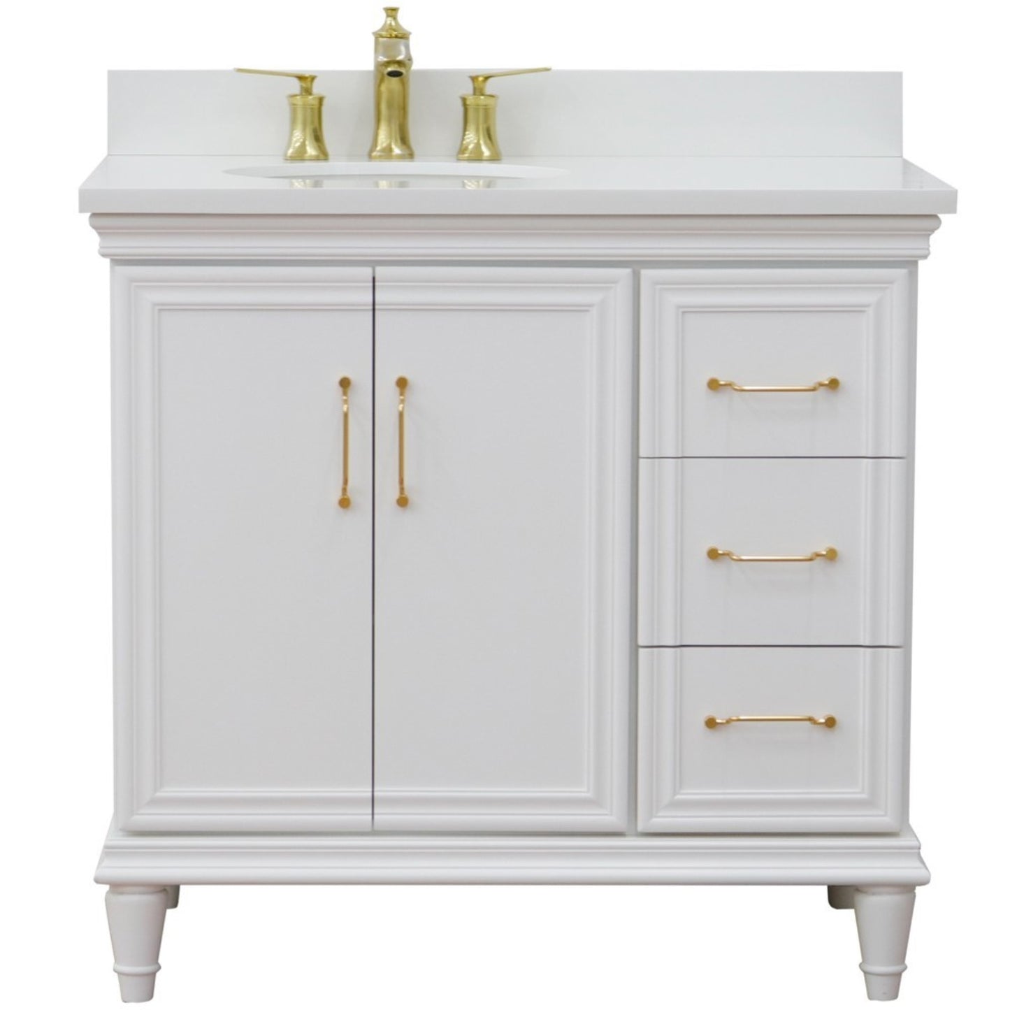 37" Single vanity in White finish with White engineered stone and oval sink Left door/Left sink