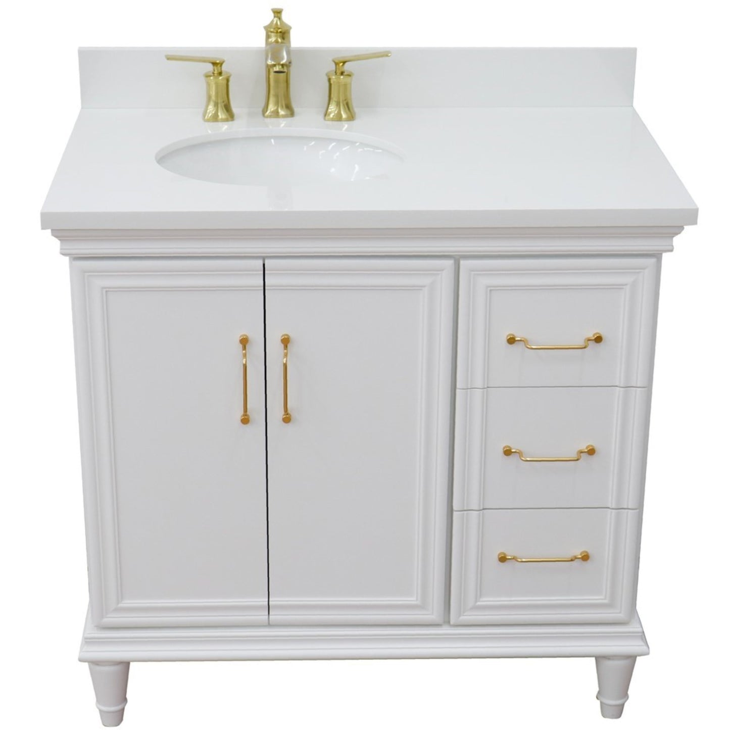 37" Single vanity in White finish with White engineered stone and oval sink Left door/Left sink