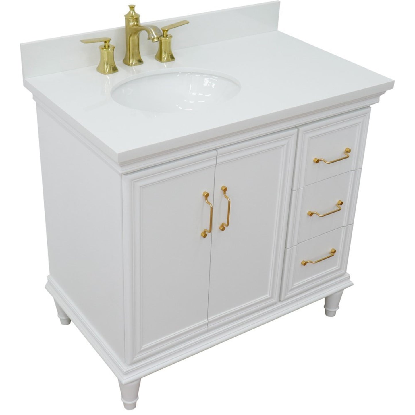 37" Single vanity in White finish with White engineered stone and oval sink Left door/Left sink