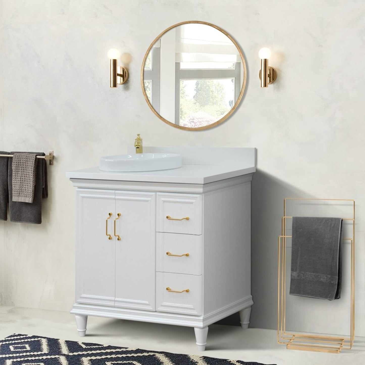 37" Single vanity in White finish with White engineered stone and round sink Left door/Left sink