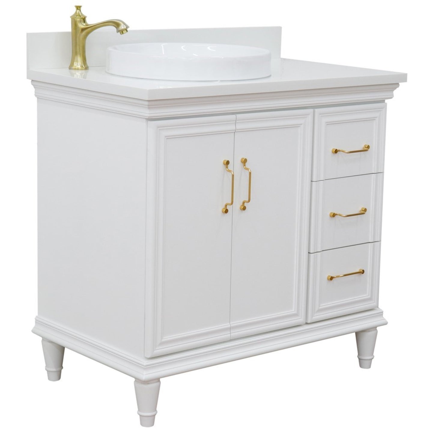 37" Single vanity in White finish with White engineered stone and round sink Left door/Left sink