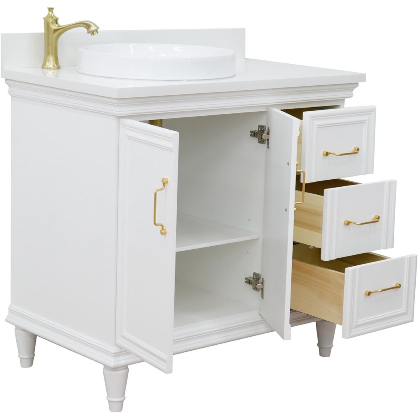 37" Single vanity in White finish with White engineered stone and round sink Left door/Left sink