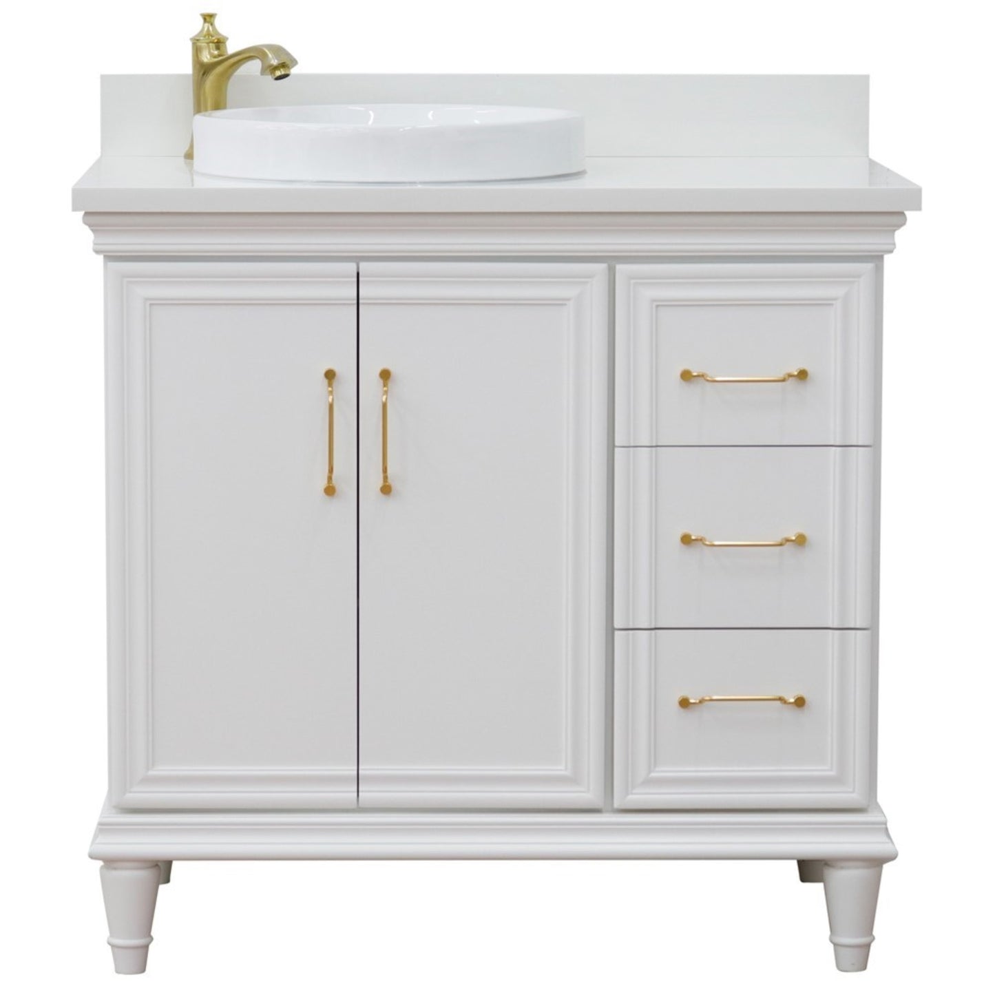 37" Single vanity in White finish with White engineered stone and round sink Left door/Left sink
