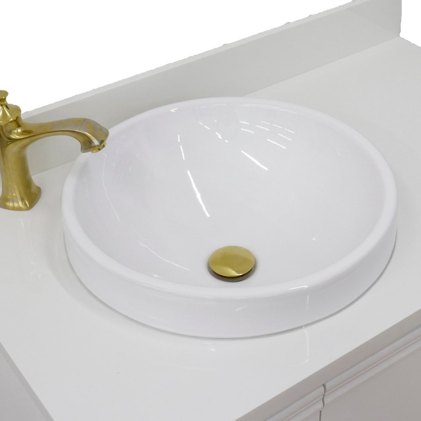 37" Single vanity in White finish with White engineered stone and round sink Left door/Left sink