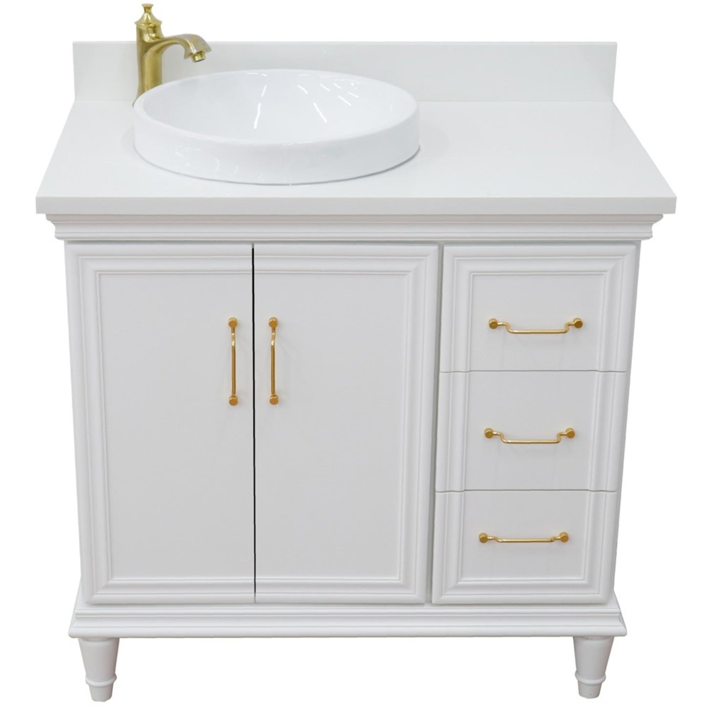 37" Single vanity in White finish with White engineered stone and round sink Left door/Left sink
