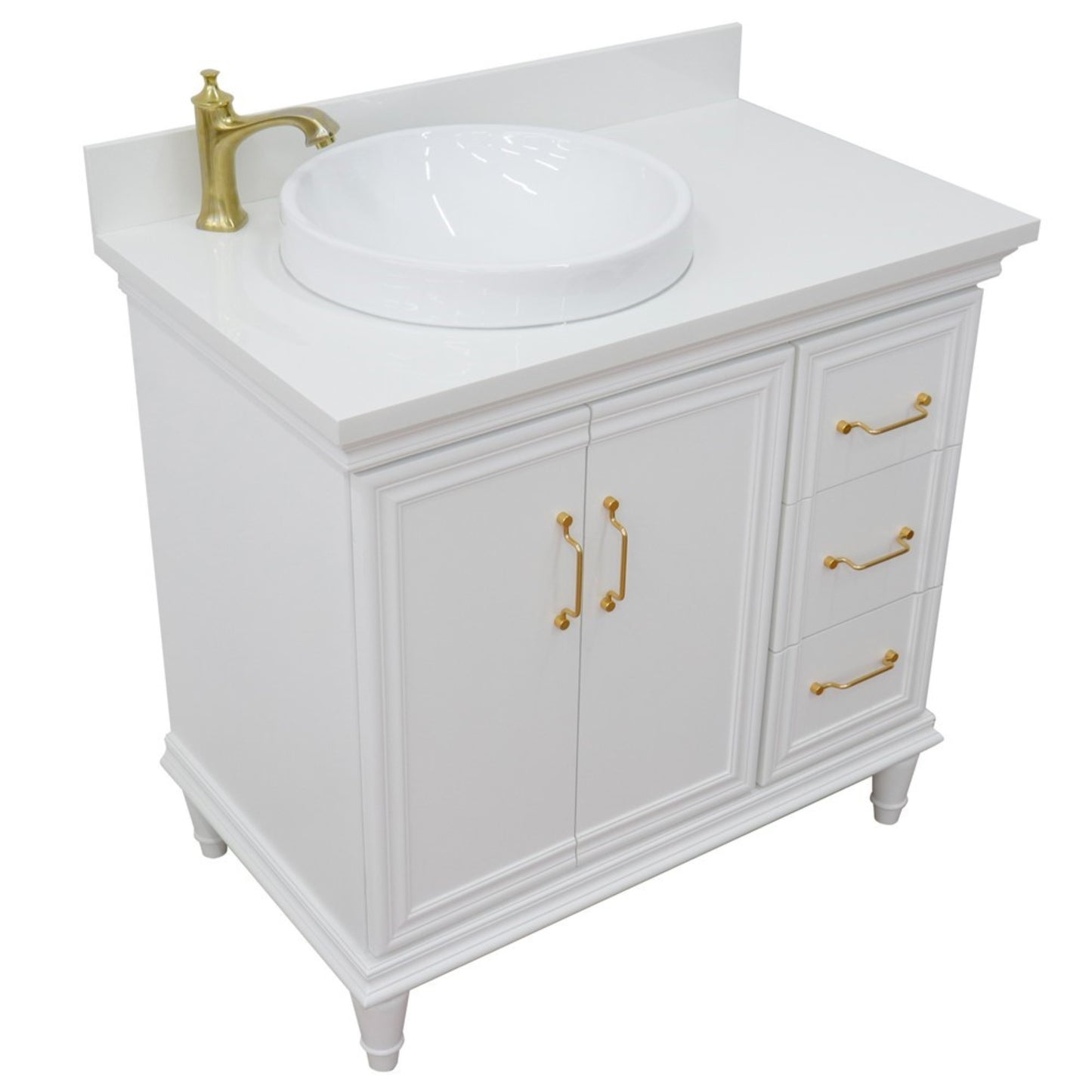 37" Single vanity in White finish with White engineered stone and round sink Left door/Left sink