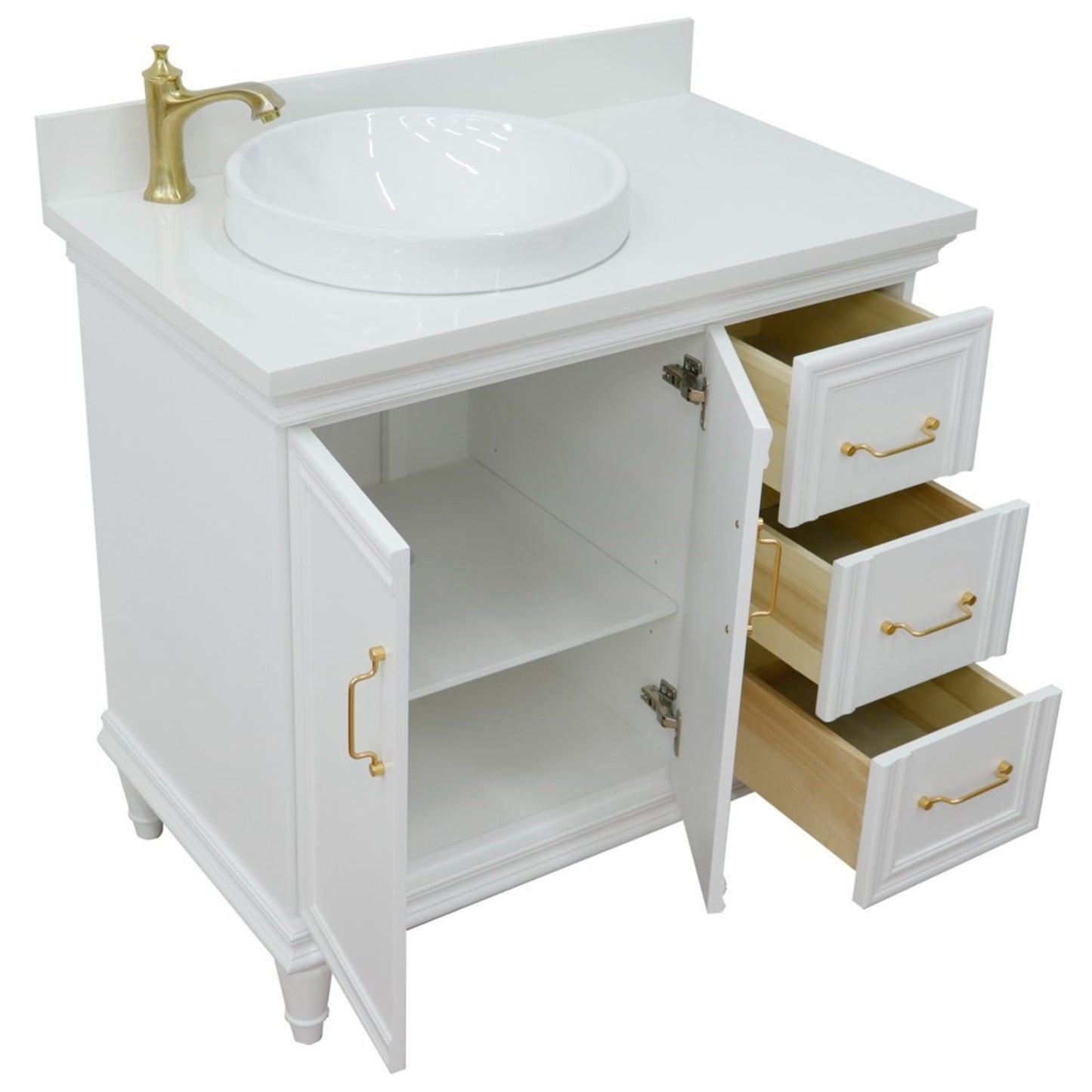 37" Single vanity in White finish with White engineered stone and round sink Left door/Left sink