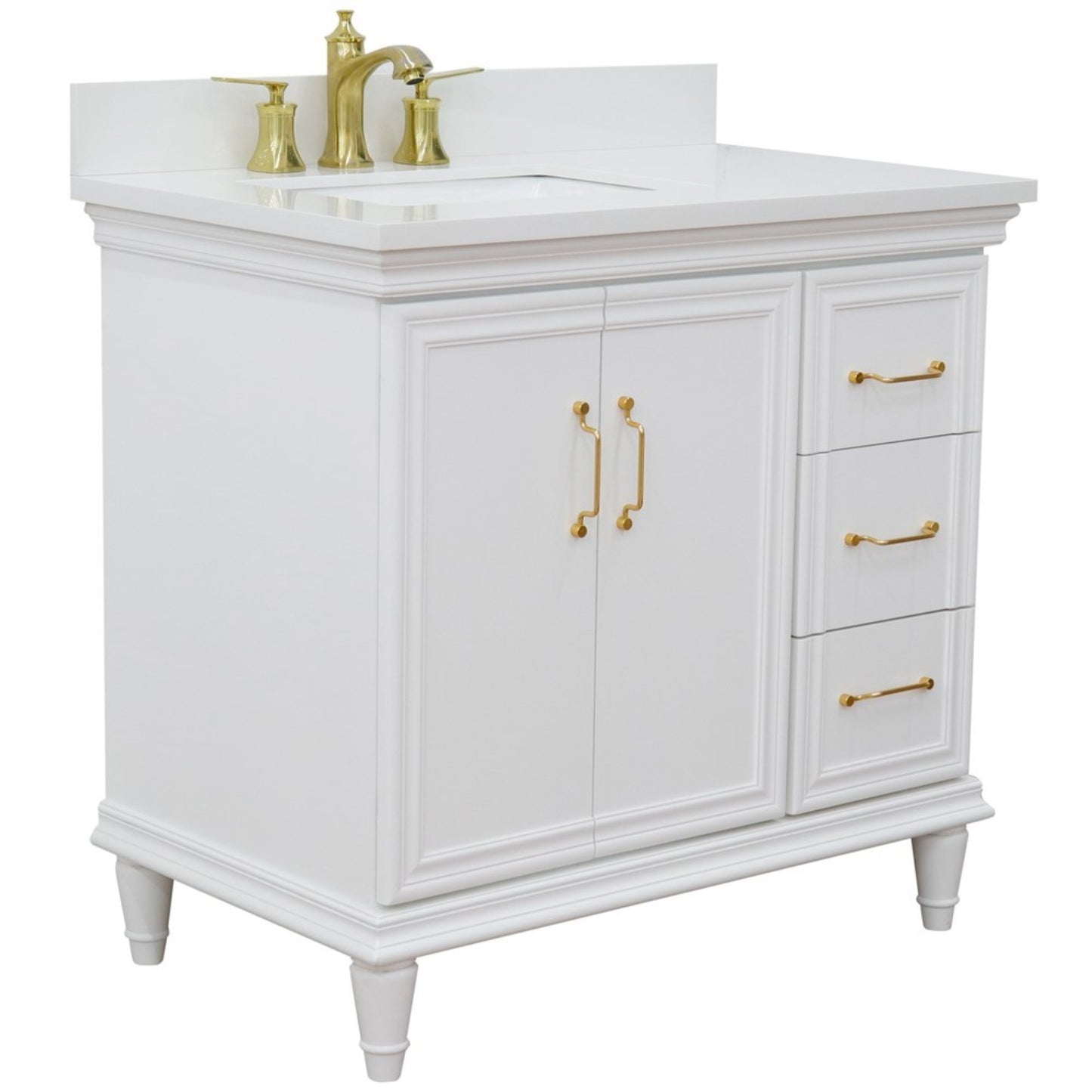 37" Single vanity in White finish with White engineered stone and rectangle sink Left door/Left sink
