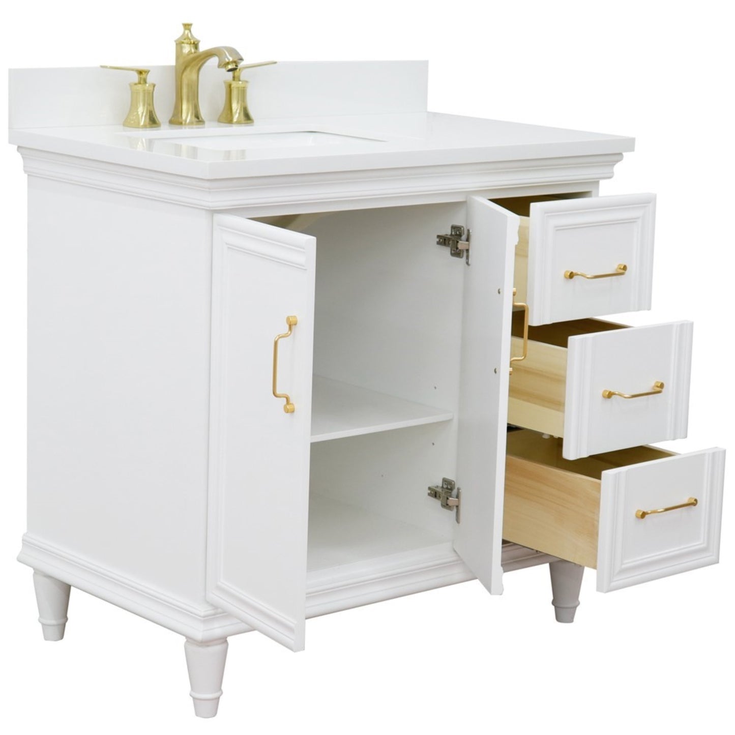37" Single vanity in White finish with White engineered stone and rectangle sink Left door/Left sink