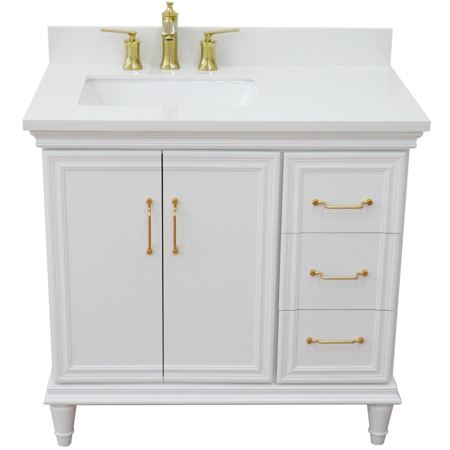 37" Single vanity in White finish with White engineered stone and rectangle sink Left door/Left sink
