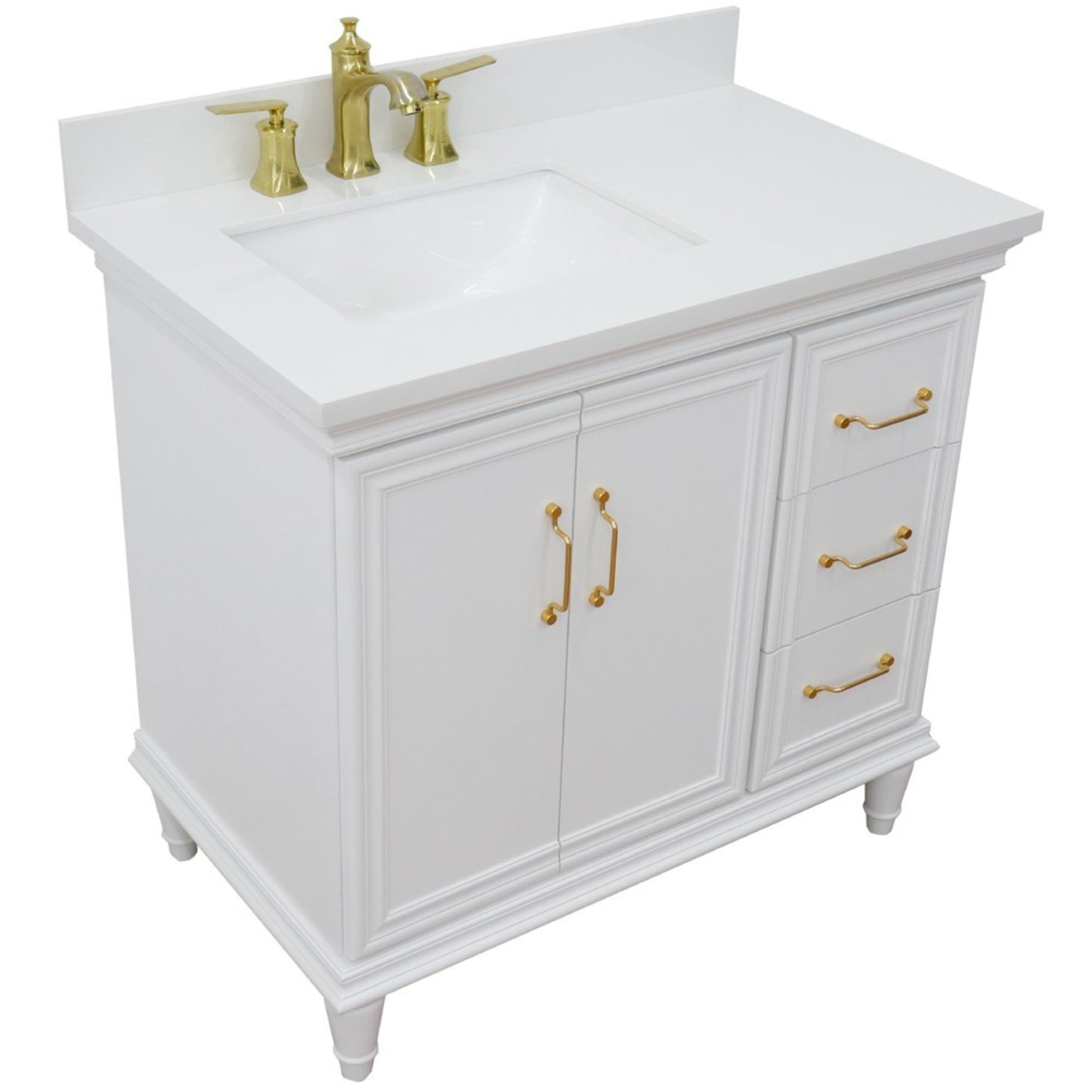37" Single vanity in White finish with White engineered stone and rectangle sink Left door/Left sink