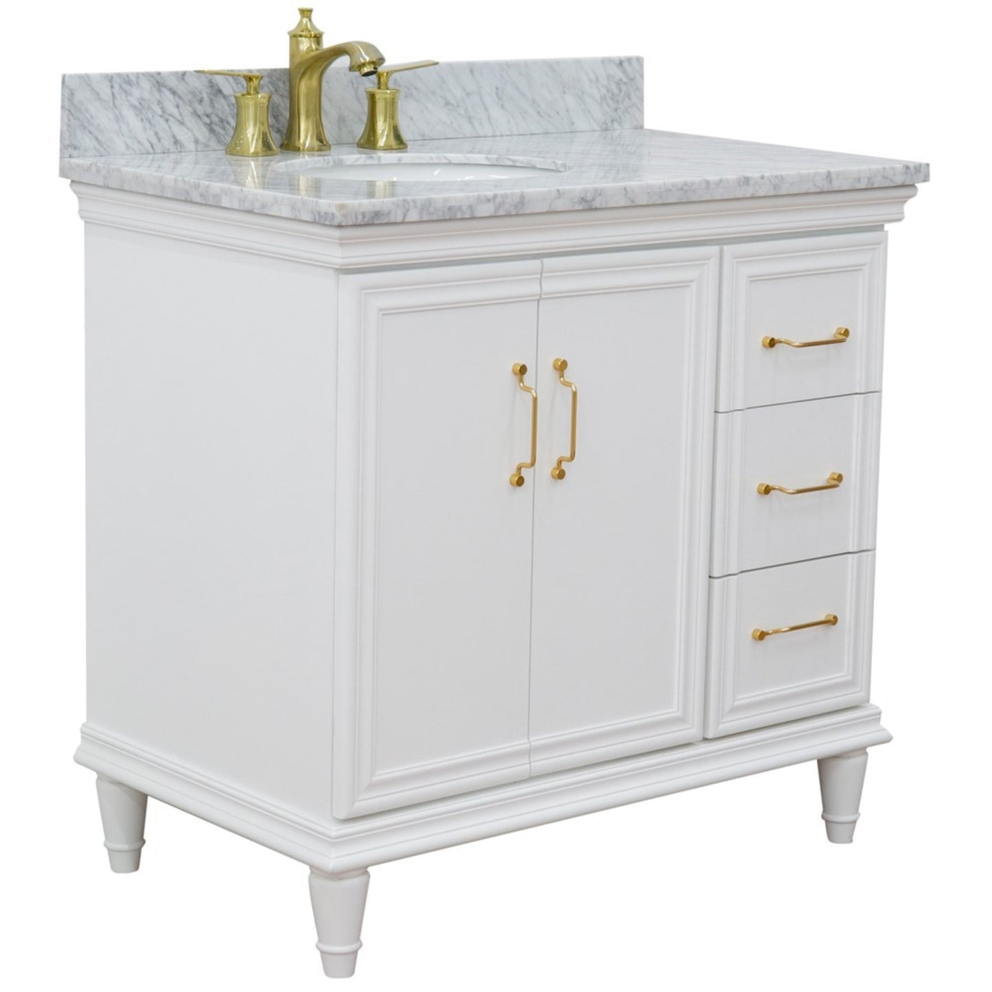 37" Single vanity in White finish with White Carrara and oval sink Left door/Left sink