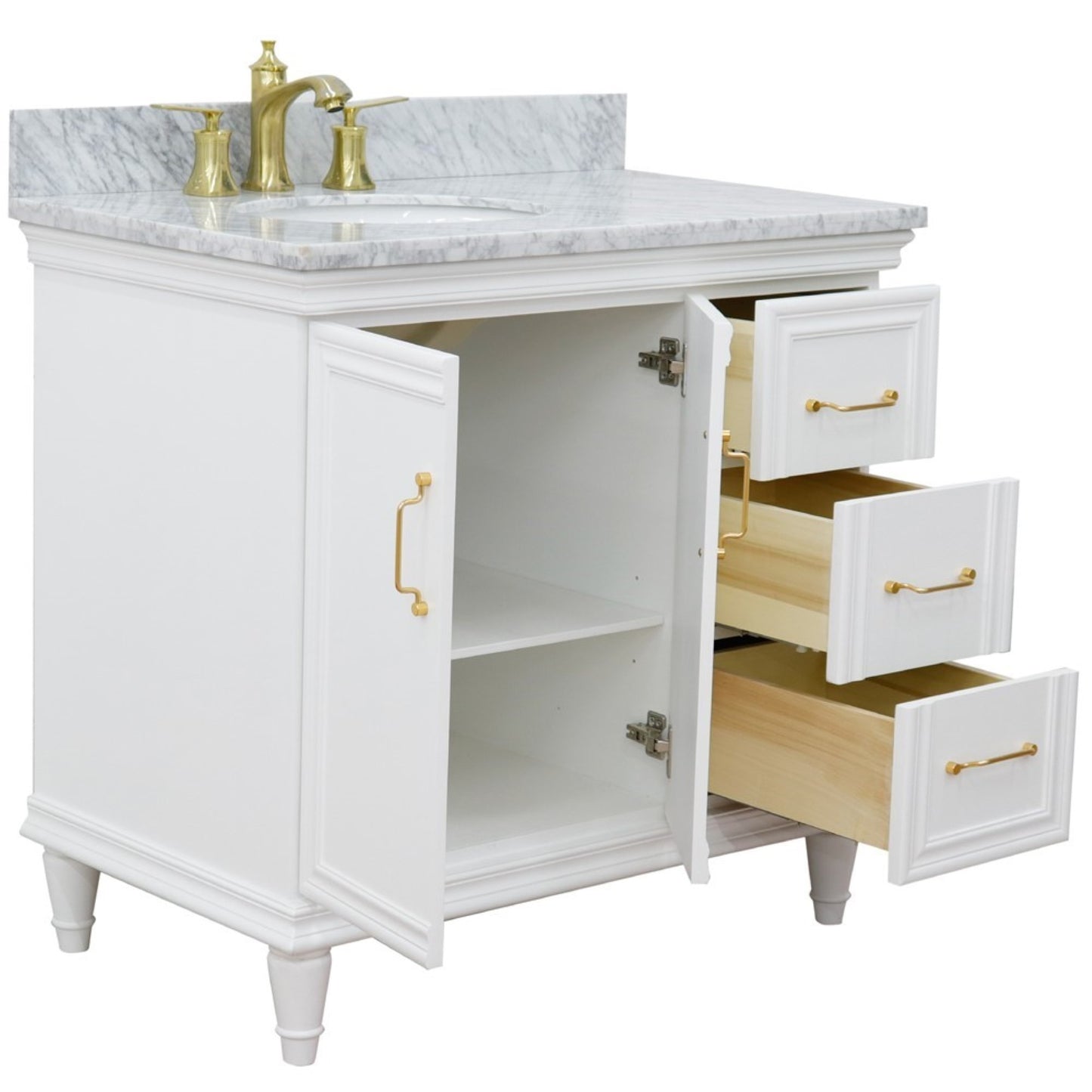 37" Single vanity in White finish with White Carrara and oval sink Left door/Left sink