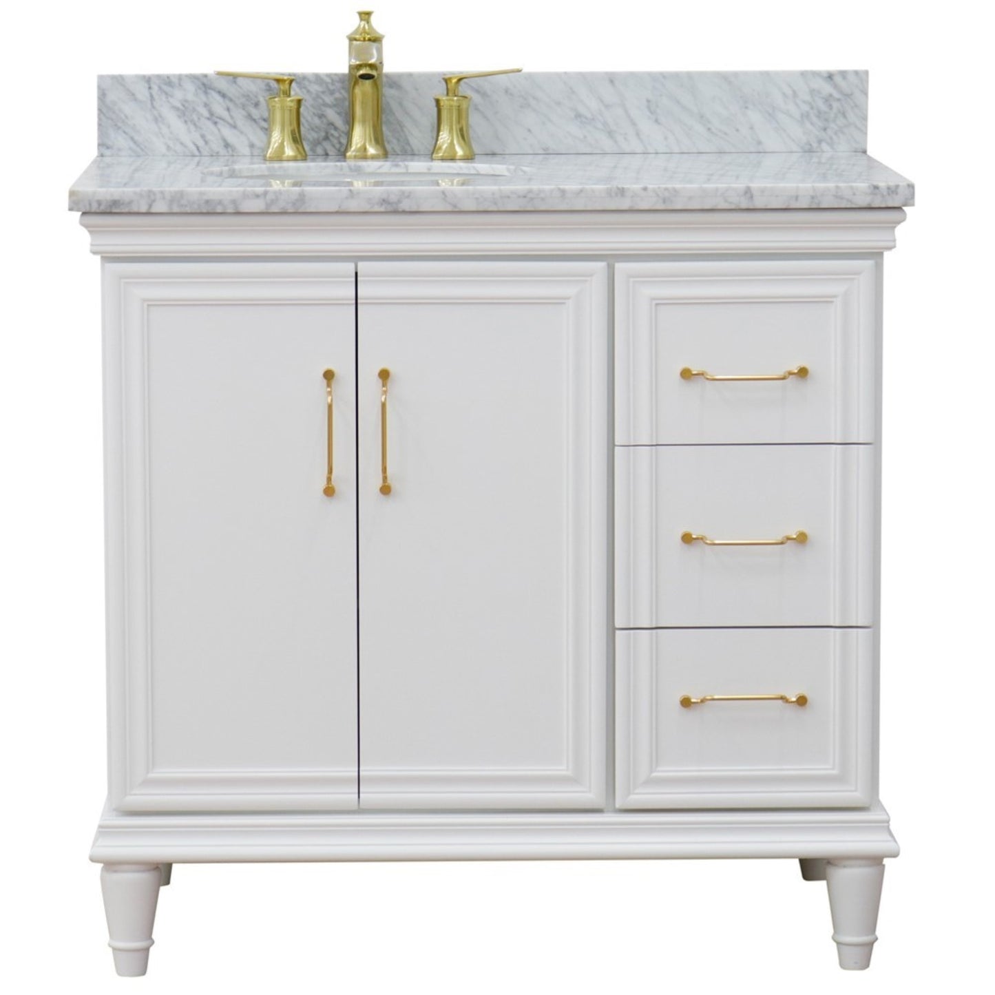 37" Single vanity in White finish with White Carrara and oval sink Left door/Left sink