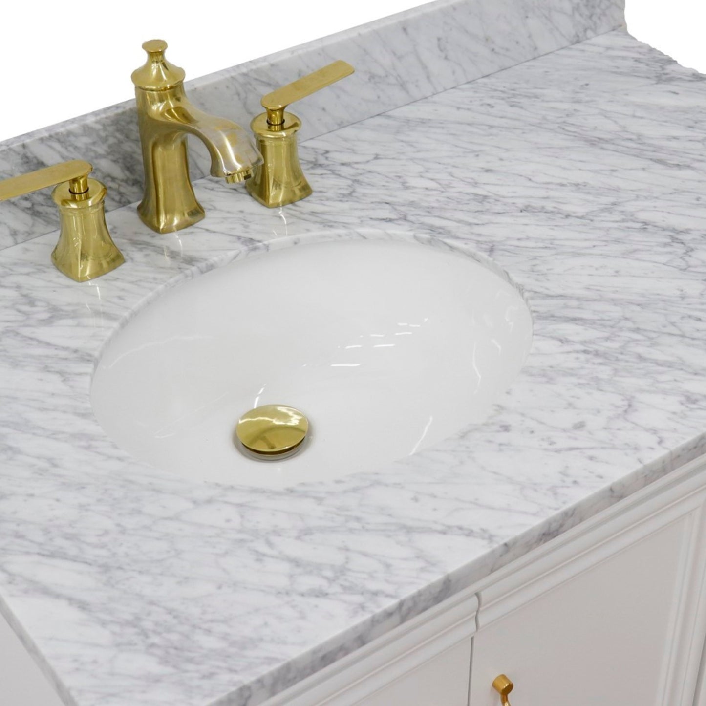 37" Single vanity in White finish with White Carrara and oval sink Left door/Left sink