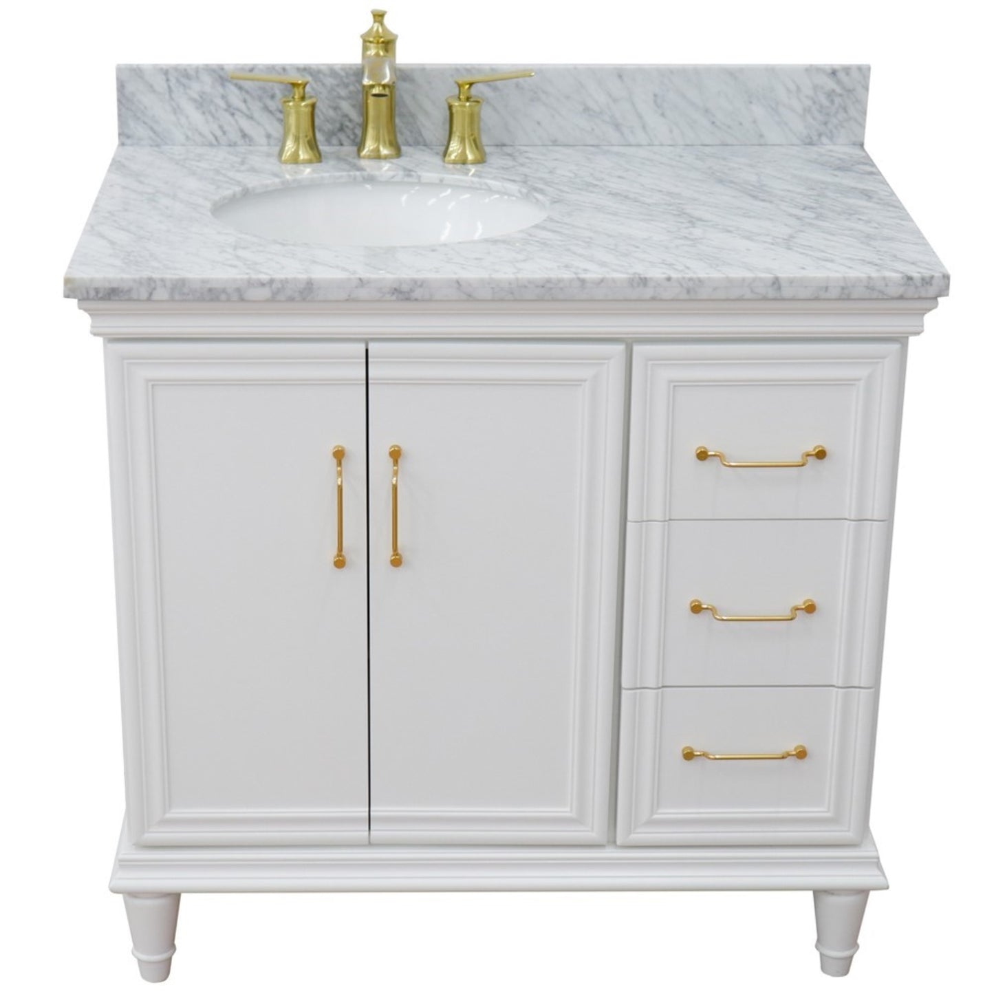 37" Single vanity in White finish with White Carrara and oval sink Left door/Left sink