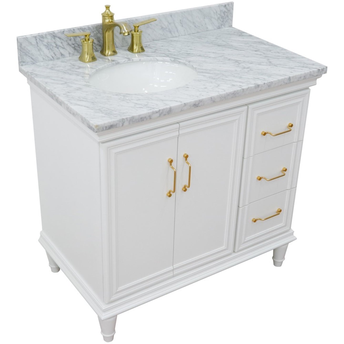 37" Single vanity in White finish with White Carrara and oval sink Left door/Left sink