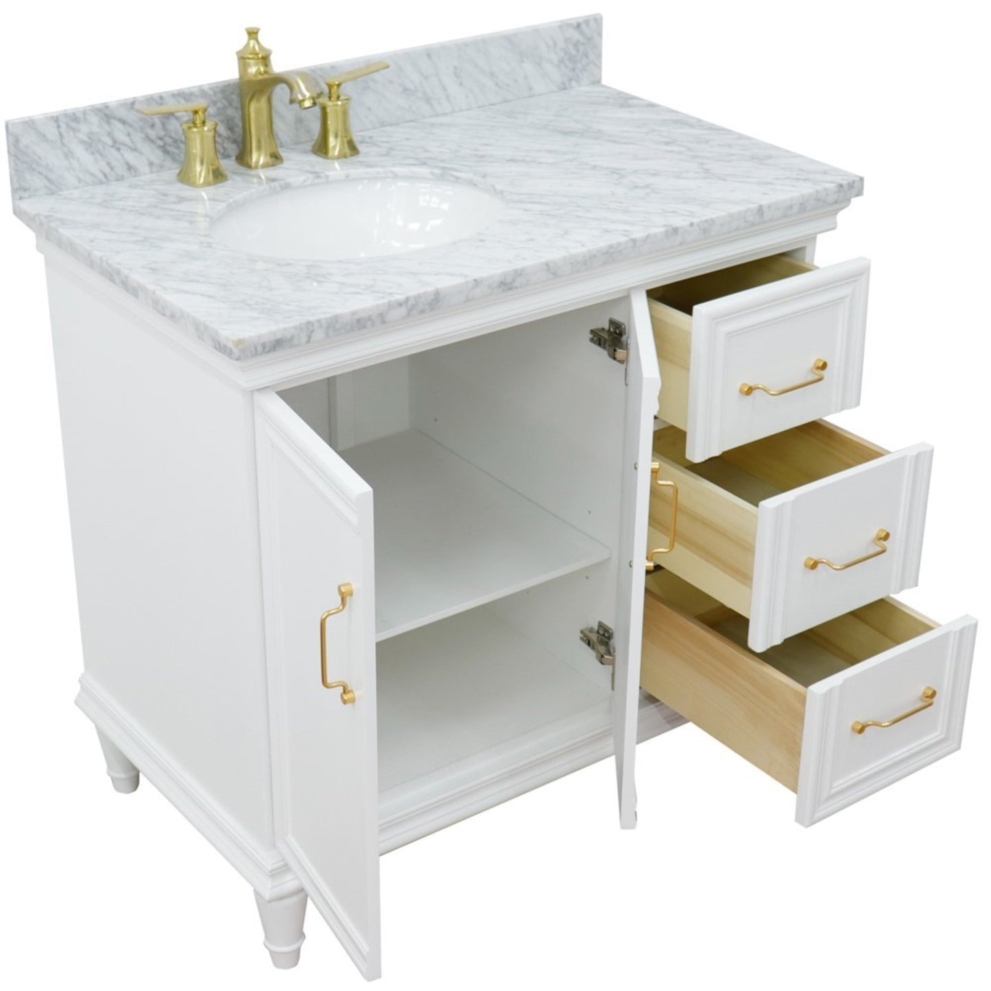 37" Single vanity in White finish with White Carrara and oval sink Left door/Left sink