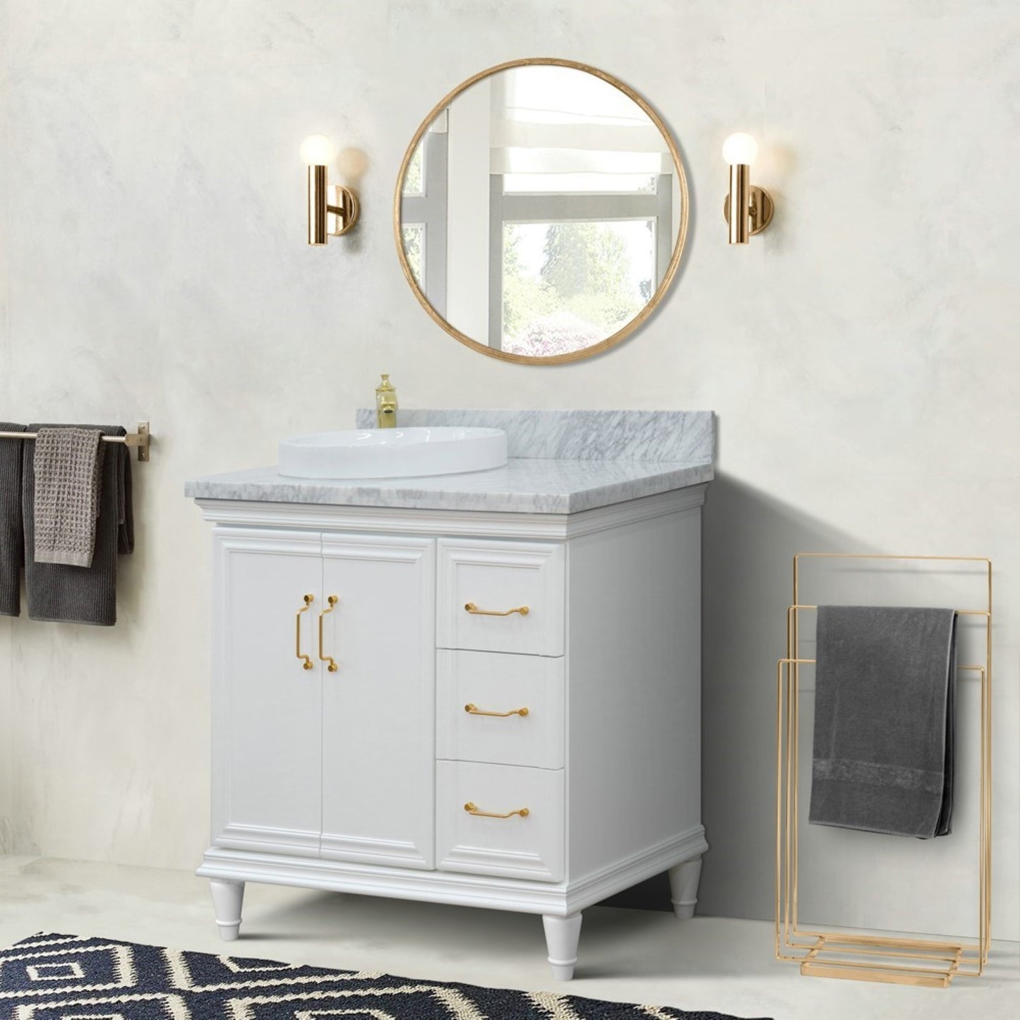 37" Single vanity in White finish with White Carrara and round sink Left door/Left sink