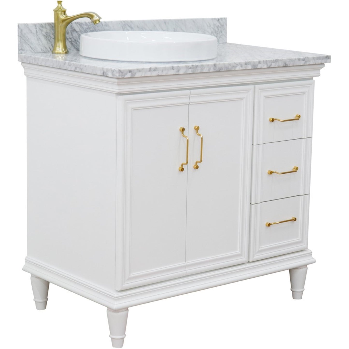 37" Single vanity in White finish with White Carrara and round sink Left door/Left sink