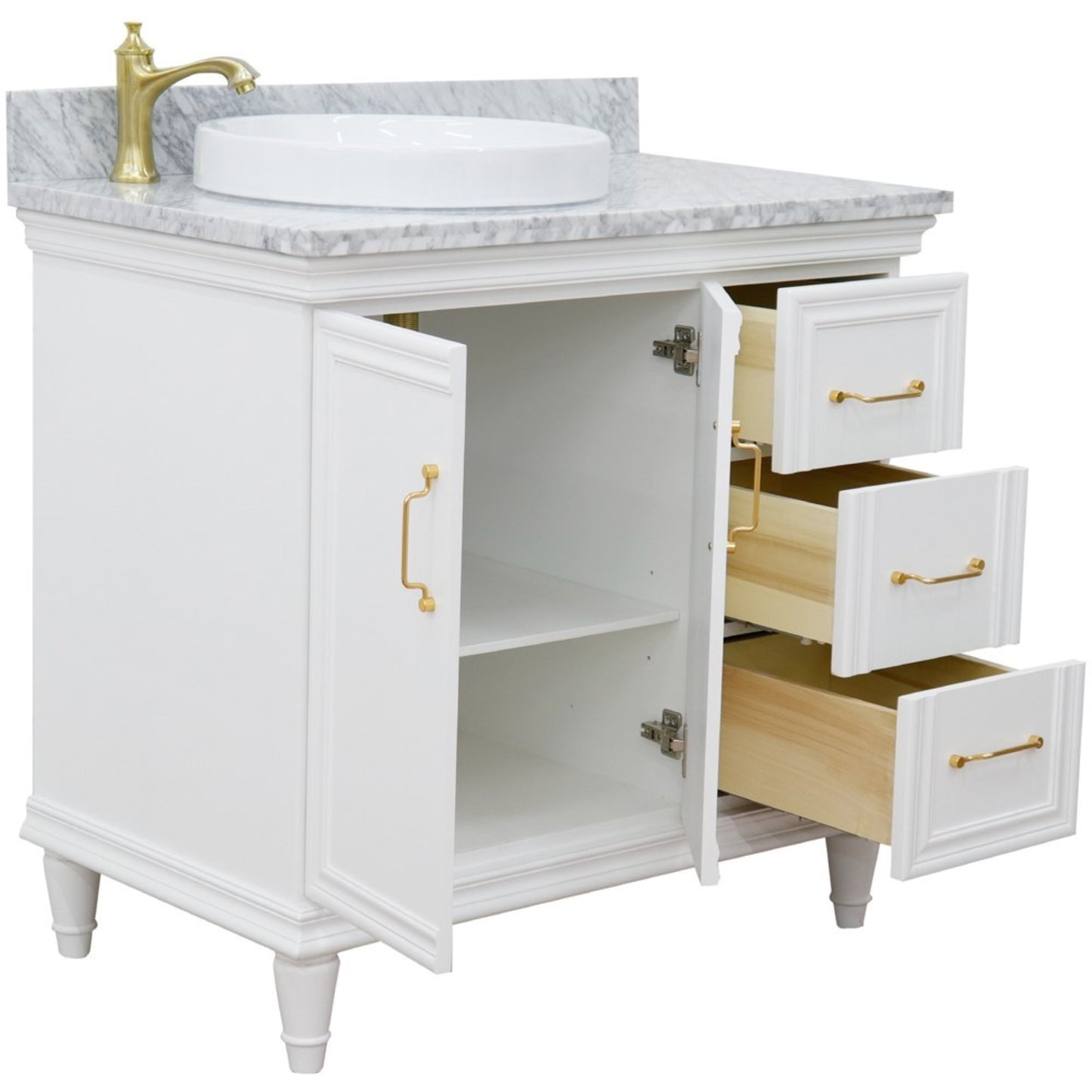 37" Single vanity in White finish with White Carrara and round sink Left door/Left sink