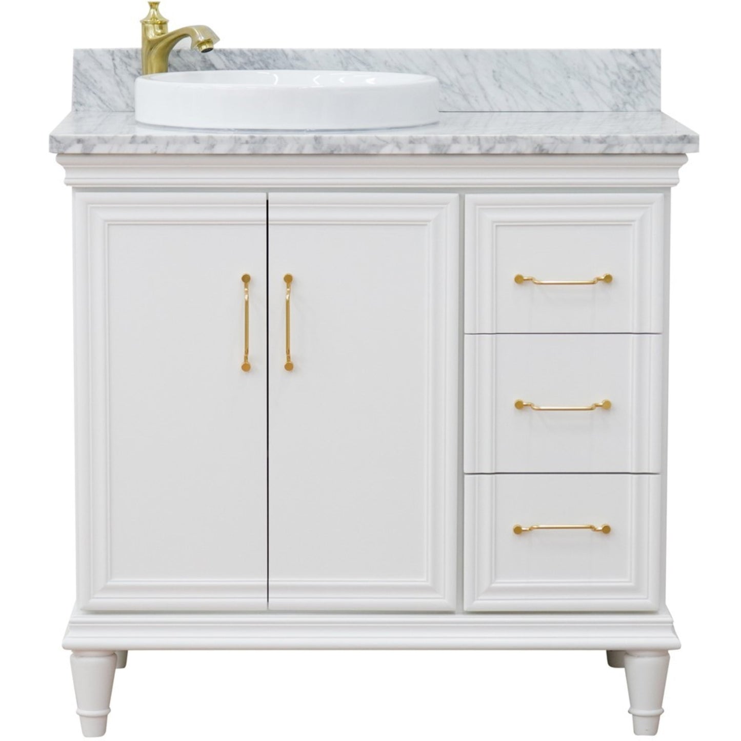 37" Single vanity in White finish with White Carrara and round sink Left door/Left sink