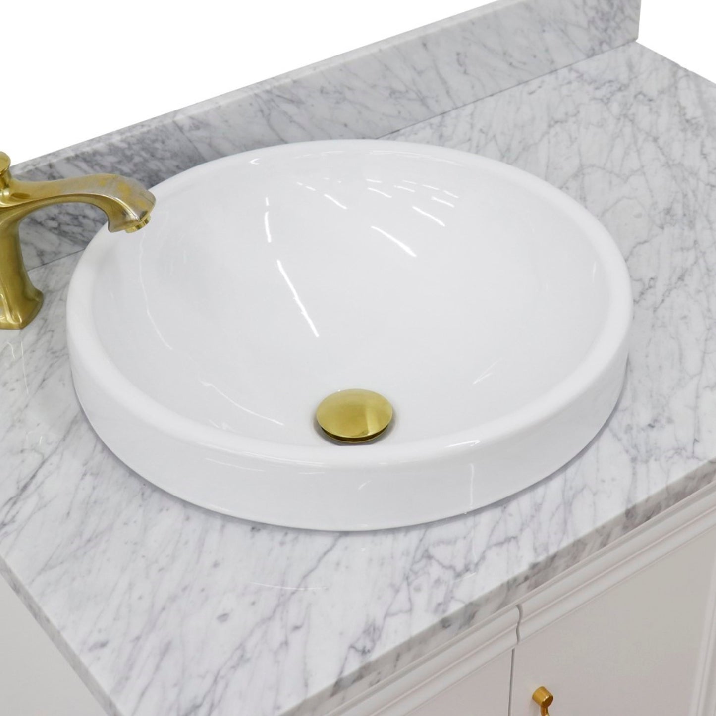 37" Single vanity in White finish with White Carrara and round sink Left door/Left sink
