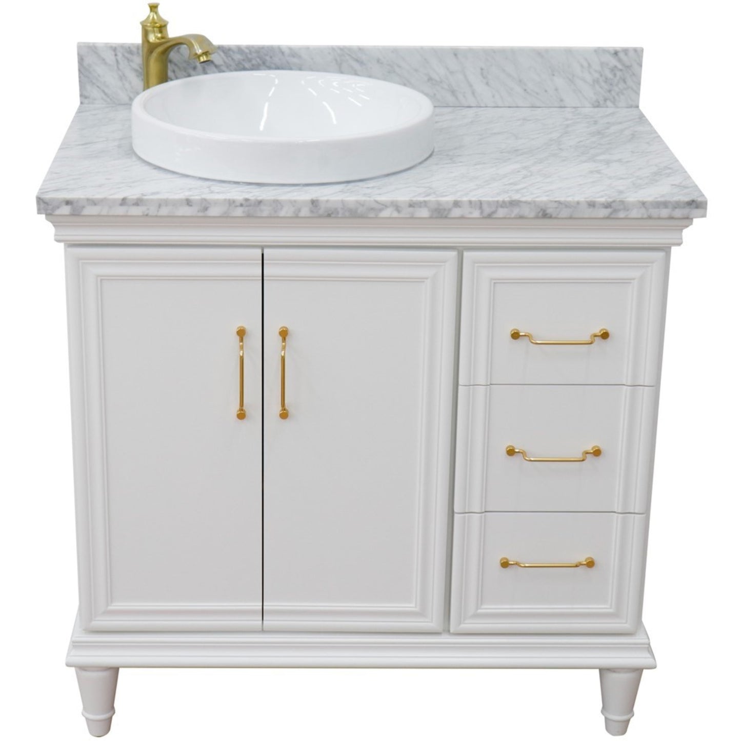 37" Single vanity in White finish with White Carrara and round sink Left door/Left sink