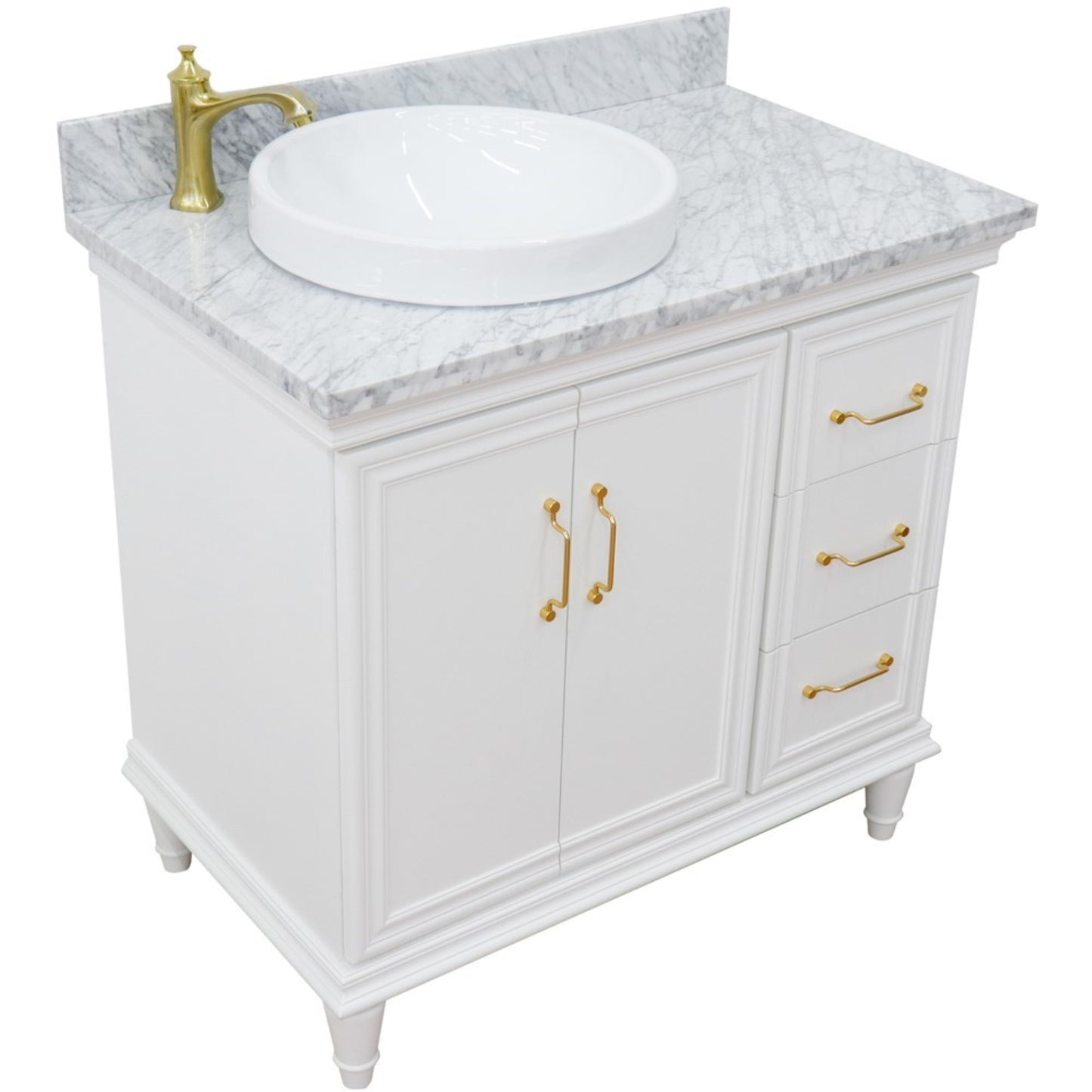 37" Single vanity in White finish with White Carrara and round sink Left door/Left sink