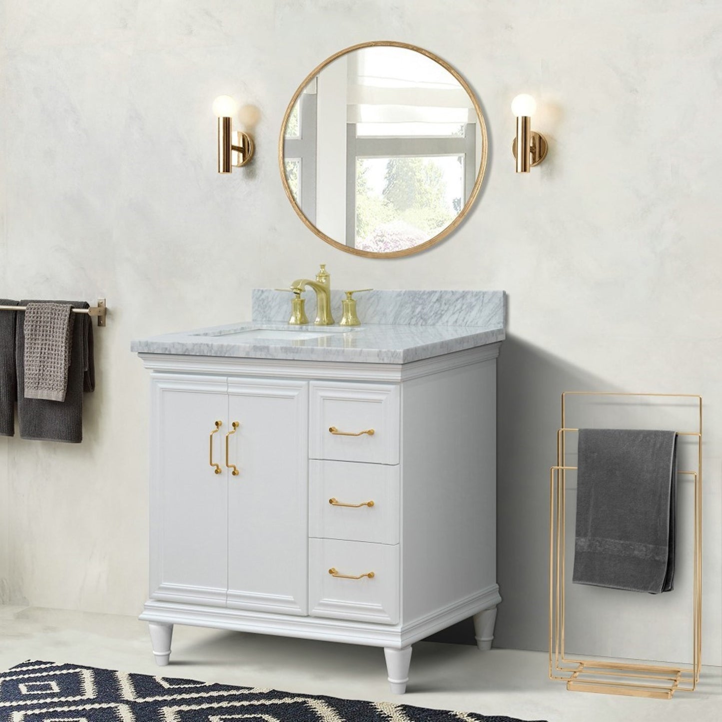 37" Single vanity in White finish with White Carrara and rectangle sink Left door/Left sink