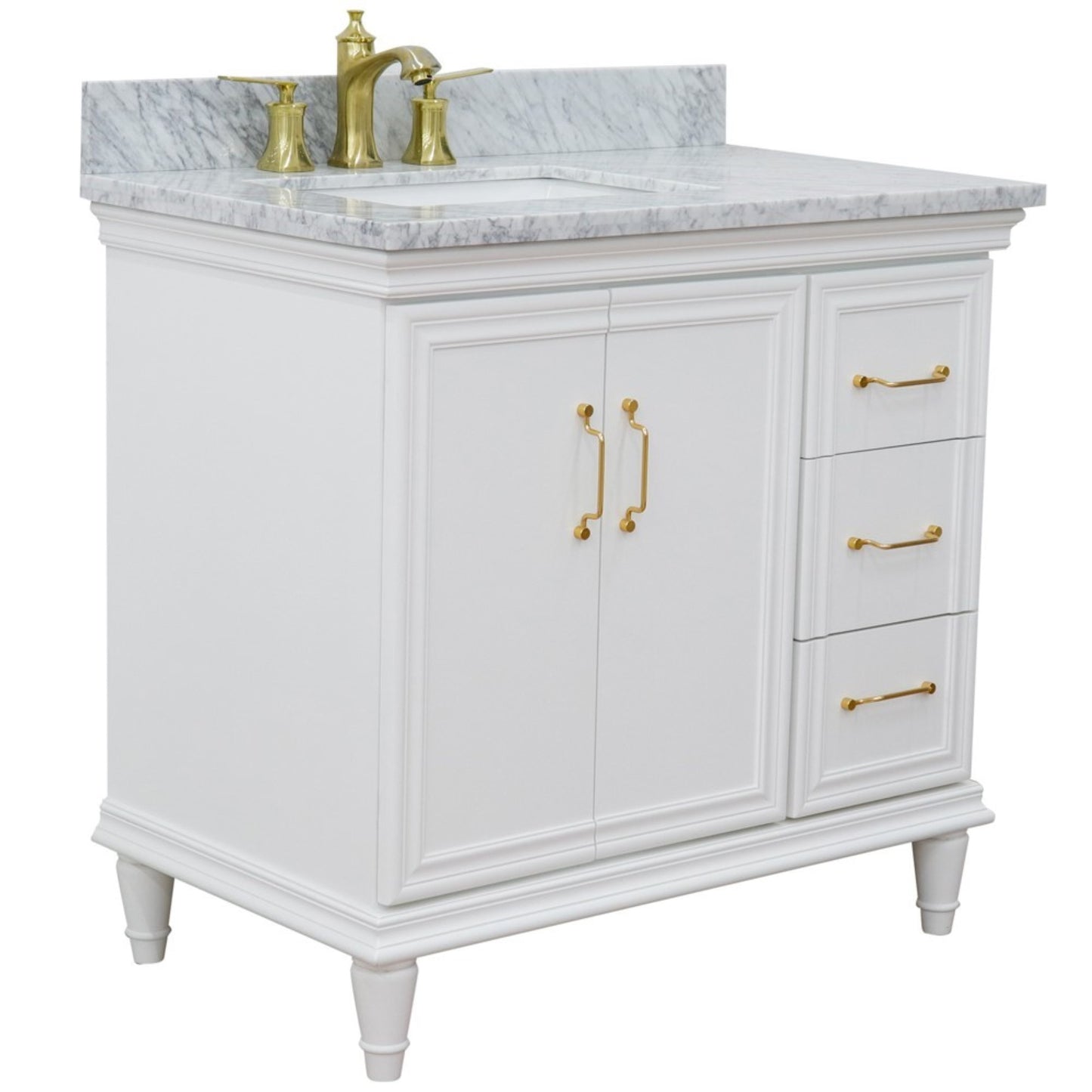 37" Single vanity in White finish with White Carrara and rectangle sink Left door/Left sink