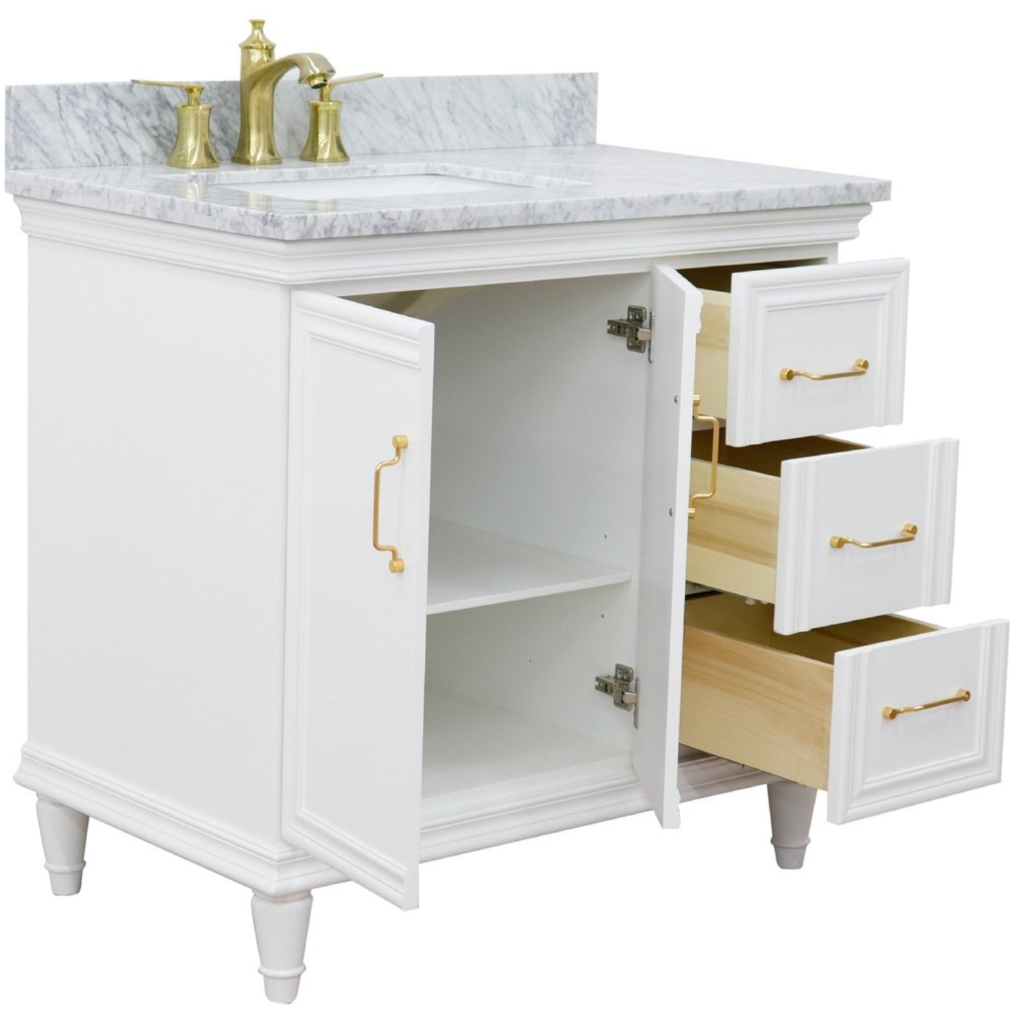 37" Single vanity in White finish with White Carrara and rectangle sink Left door/Left sink