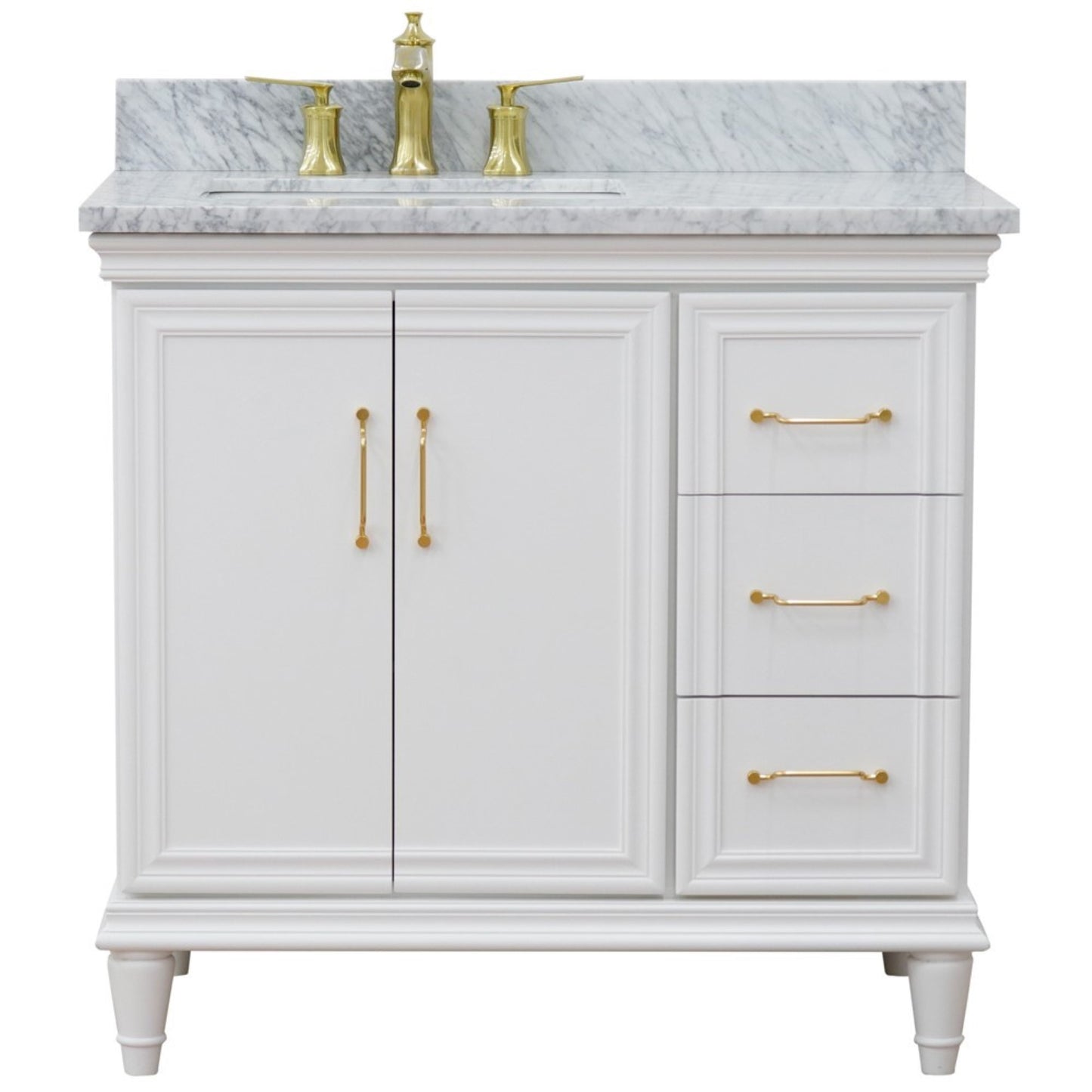 37" Single vanity in White finish with White Carrara and rectangle sink Left door/Left sink