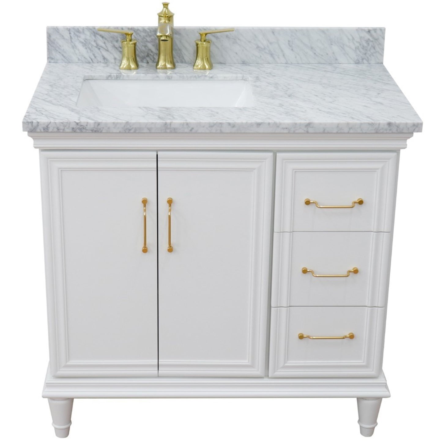 37" Single vanity in White finish with White Carrara and rectangle sink Left door/Left sink