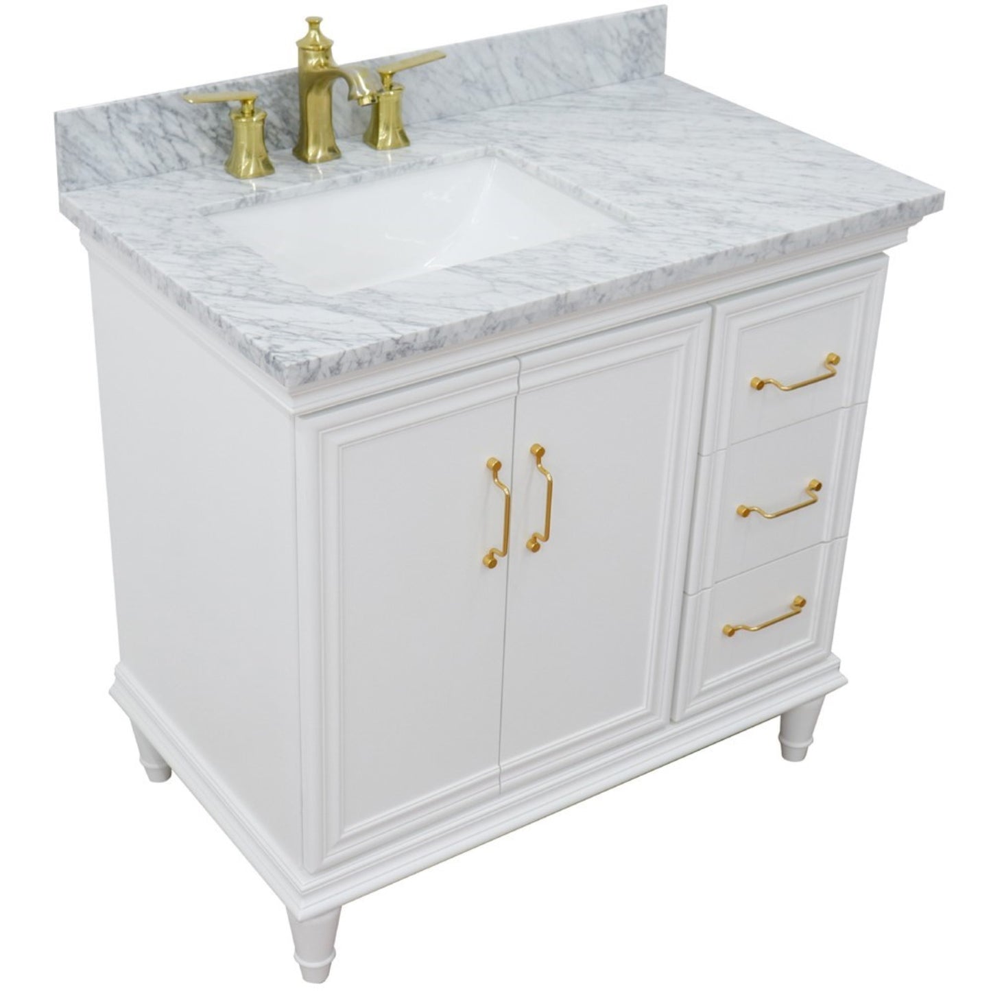 37" Single vanity in White finish with White Carrara and rectangle sink Left door/Left sink