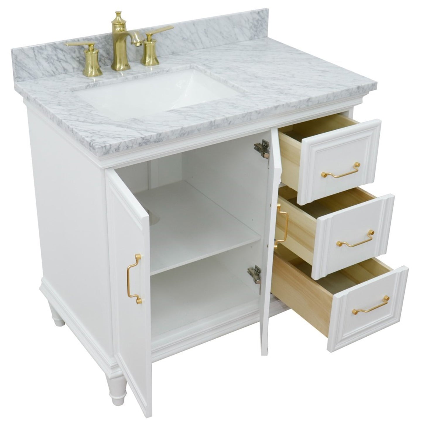 37" Single vanity in White finish with White Carrara and rectangle sink Left door/Left sink