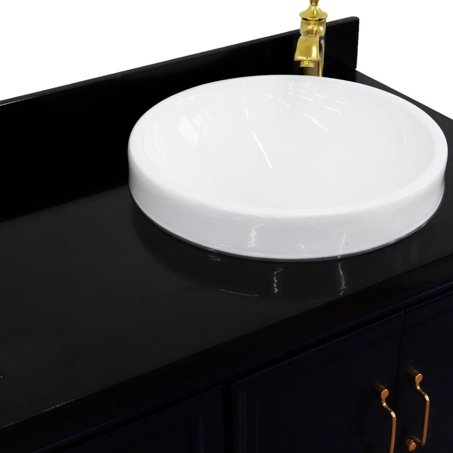 37" Single vanity in Blue finish with Black galaxy and round sink Right door/Right sink
