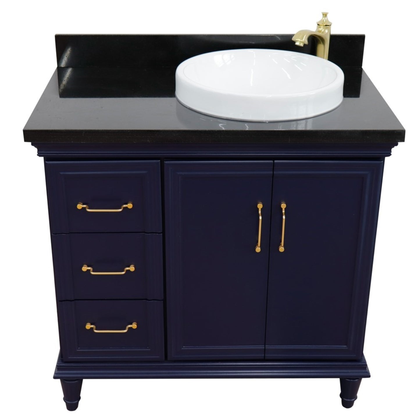37" Single vanity in Blue finish with Black galaxy and round sink Right door/Right sink