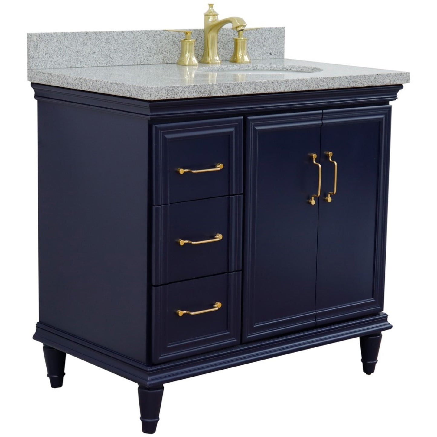 37" Single vanity in Blue finish with Gray granite and oval sink Right door/Right sink