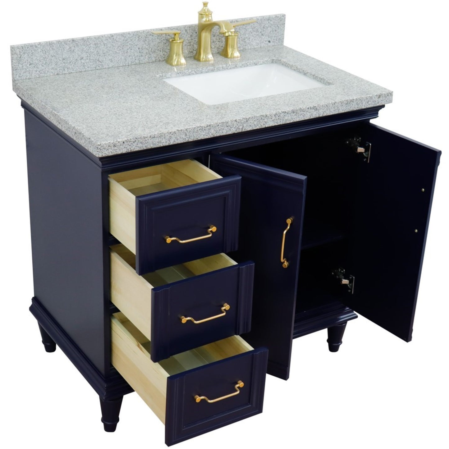 37" Single vanity in Blue finish with Gray granite and rectangle sink Right door/Right sink